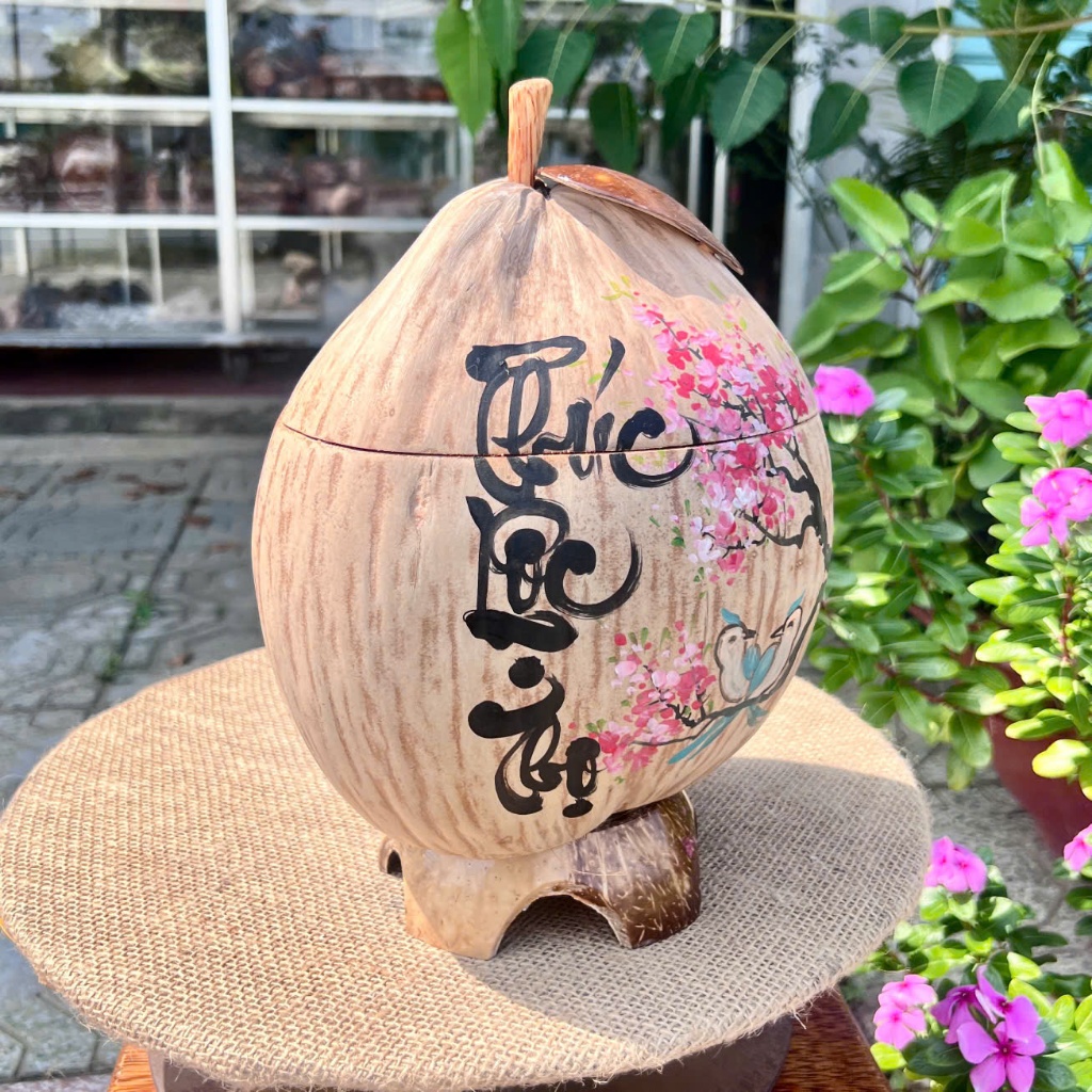 [ SIZE 800ML - 1000ML ] Bình Ủ Trái Dừa Vẽ Thư Pháp Mẫu PHÚC LỘC THỌ THÔ ĐÀO Giữ Nhiệt Ấm Trà Cao Cấp, Trang Trí Bàn Trà