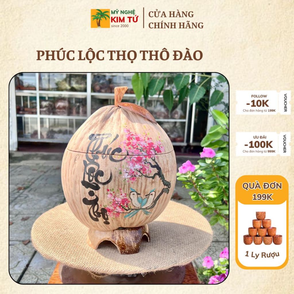 [ SIZE 800ML - 1000ML ] Bình Ủ Trái Dừa Vẽ Thư Pháp Mẫu PHÚC LỘC THỌ THÔ ĐÀO Giữ Nhiệt Ấm Trà Cao Cấp, Trang Trí Bàn Trà