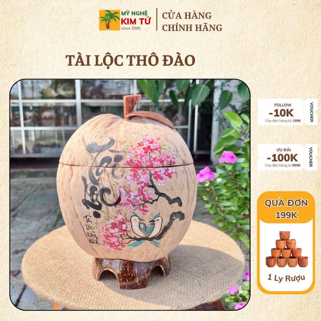 [ SIZE 800ML - 1000ML ] Bình Ủ Trái Dừa Vẽ Thư Pháp Mẫu TÀI LỘC THÔ ĐÀO Giữ Nhiệt Ấm Trà Cao Cấp, Trang Trí Bàn Trà