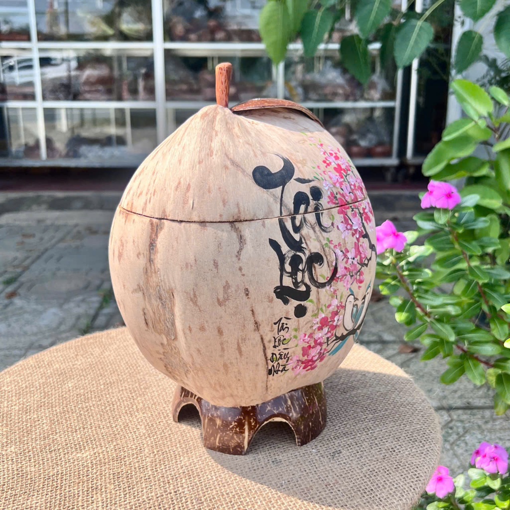 [ SIZE 800ML - 1000ML ] Bình Ủ Trái Dừa Vẽ Thư Pháp Mẫu TÀI LỘC THÔ ĐÀO Giữ Nhiệt Ấm Trà Cao Cấp, Trang Trí Bàn Trà
