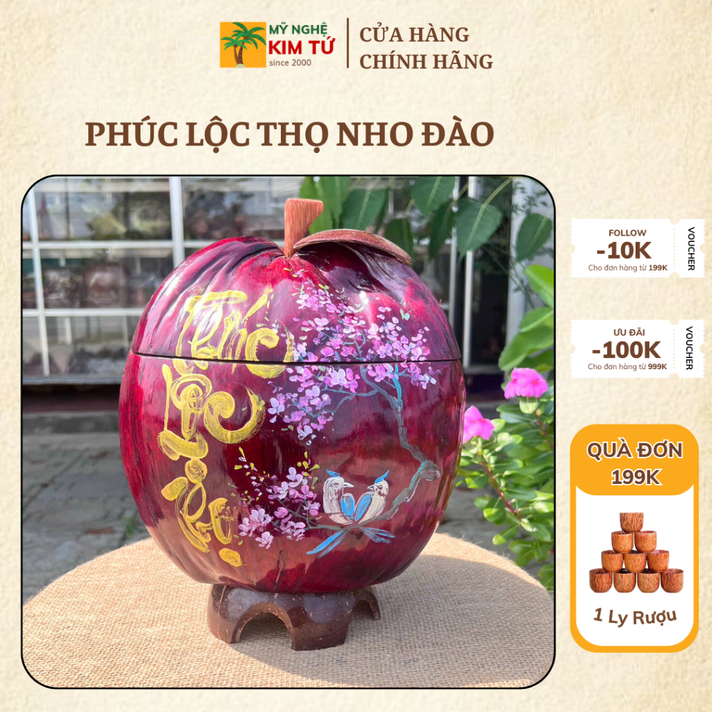 [ SIZE 800ML - 1000ML ] Bình Ủ Trái Dừa Vẽ Thư Pháp Mẫu PHÚC LỘC THỌ NHO ĐÀO Giữ Nhiệt Ấm Trà Cao Cấp, Trang Trí Bàn Trà