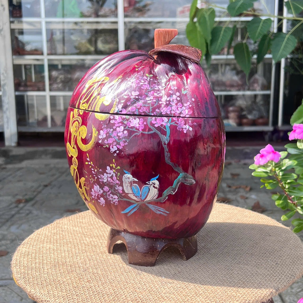 [ SIZE 800ML - 1000ML ] Bình Ủ Trái Dừa Vẽ Thư Pháp Mẫu PHÚC LỘC THỌ NHO ĐÀO Giữ Nhiệt Ấm Trà Cao Cấp, Trang Trí Bàn Trà