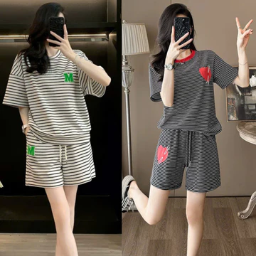 Set bộ đùi nữ phom rộng bộ quần áo nữ chất thun co giãn bộ đồ nữ áo phông quần đùi sọc
