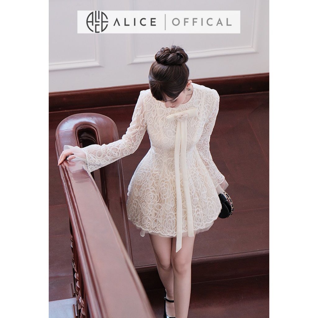 Váy Ren Hoa Hồng Cao Cấp Alice, Đầm Ngắn Xòe Bồng Đính Dây Nơ Bản To, Tay Loe Dài Có Chiết Eo, Váy Tiểu Thư V1445