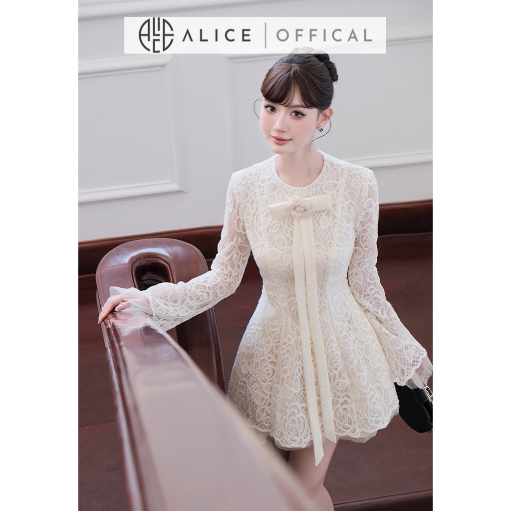 Váy Ren Hoa Hồng Cao Cấp Alice, Đầm Ngắn Xòe Bồng Đính Dây Nơ Bản To, Tay Loe Dài Có Chiết Eo, Váy Tiểu Thư V1445