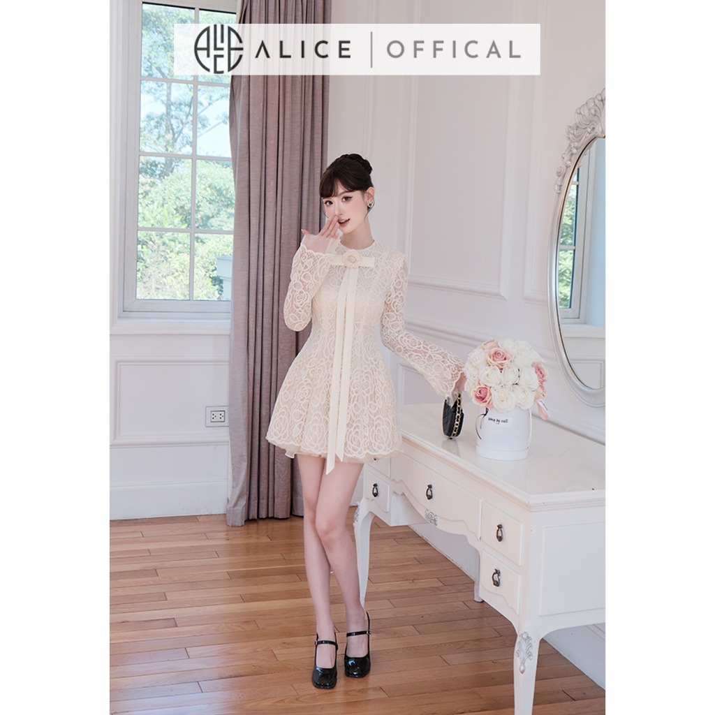 Váy Ren Hoa Hồng Cao Cấp Alice, Đầm Ngắn Xòe Bồng Đính Dây Nơ Bản To, Tay Loe Dài Có Chiết Eo, Váy Tiểu Thư V1445