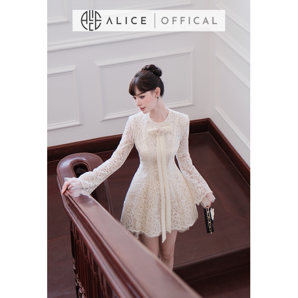 Váy Ren Hoa Hồng Cao Cấp Alice, Đầm Ngắn Xòe Bồng Đính Dây Nơ Bản To, Tay Loe Dài Có Chiết Eo, Váy Tiểu Thư V1445