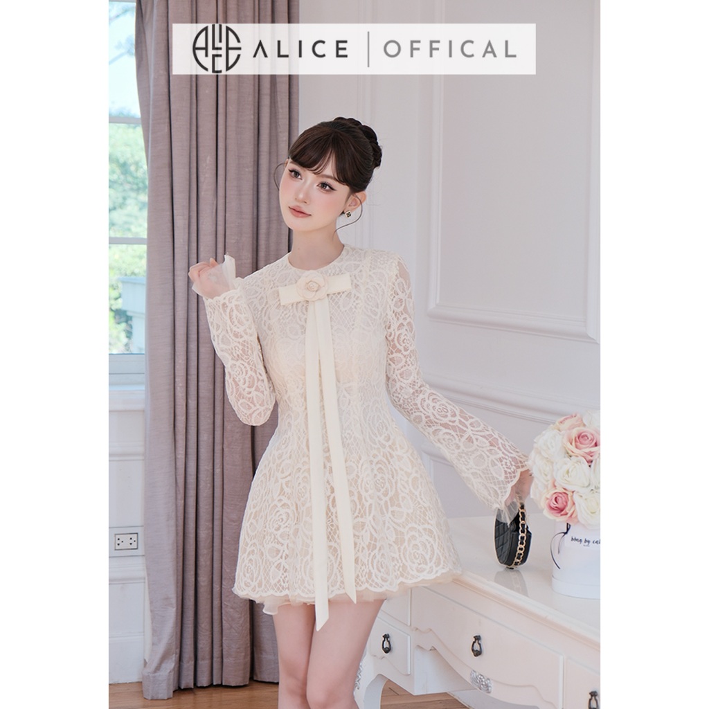 Váy Ren Hoa Hồng Cao Cấp Alice, Đầm Ngắn Xòe Bồng Đính Dây Nơ Bản To, Tay Loe Dài Có Chiết Eo, Váy Tiểu Thư V1445