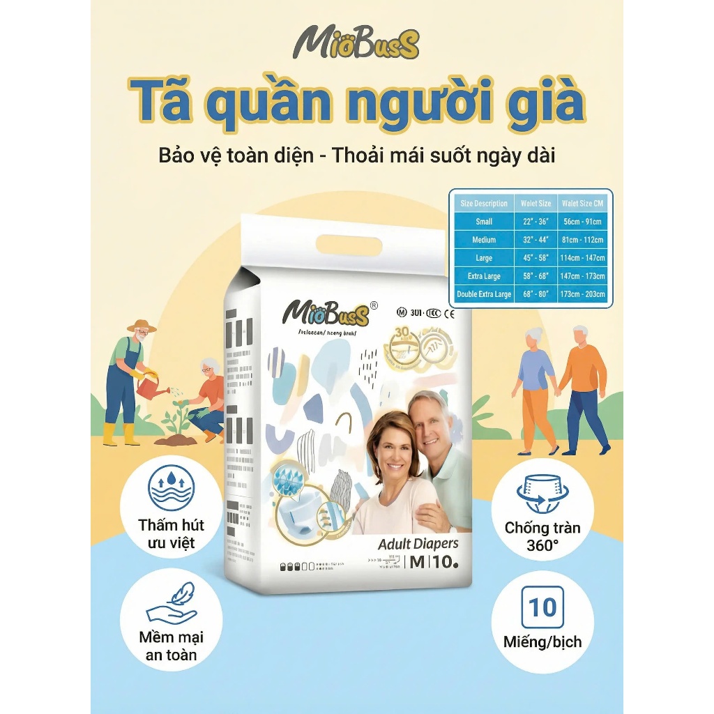 [20 miếng] MioBusS  Bỉm quần người già – Êm mềm, dễ mặc, thấm hút nhanh, chống tràn hiệu quả