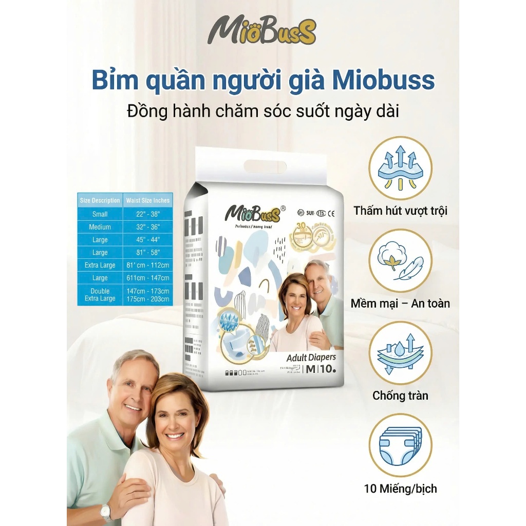 [20 miếng] MioBusS  Bỉm quần người già – Êm mềm, dễ mặc, thấm hút nhanh, chống tràn hiệu quả
