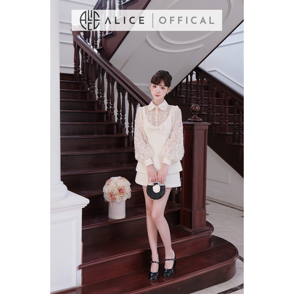 Set Váy Tiểu Thư Cao Cấp Alice Chất Dạ Tweed Phối Ren, Áo Dáng Peplum Cổ Sơ Mi Tay Bồng Phối Chân Váy Ngắn Chữ A S1050