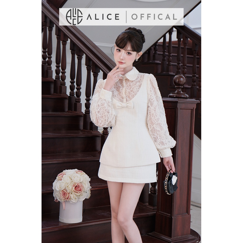 Set Váy Tiểu Thư Cao Cấp Alice Chất Dạ Tweed Phối Ren, Áo Dáng Peplum Cổ Sơ Mi Tay Bồng Phối Chân Váy Ngắn Chữ A S1050