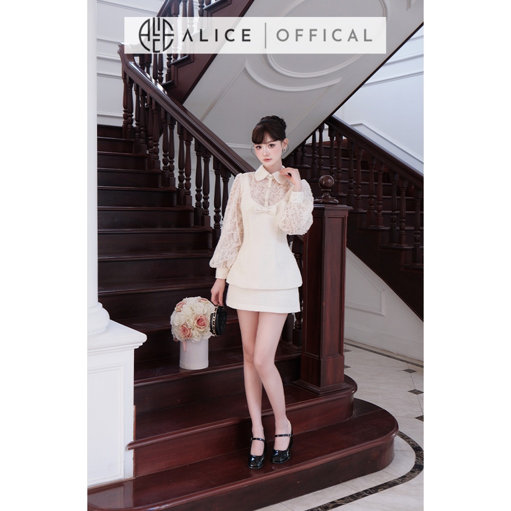 Set Váy Tiểu Thư Cao Cấp Alice Chất Dạ Tweed Phối Ren, Áo Dáng Peplum Cổ Sơ Mi Tay Bồng Phối Chân Váy Ngắn Chữ A S1050