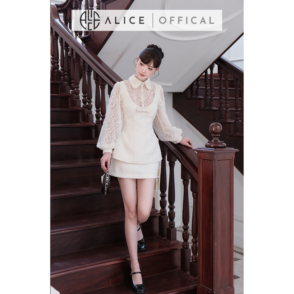 Set Váy Tiểu Thư Cao Cấp Alice Chất Dạ Tweed Phối Ren, Áo Dáng Peplum Cổ Sơ Mi Tay Bồng Phối Chân Váy Ngắn Chữ A S1050