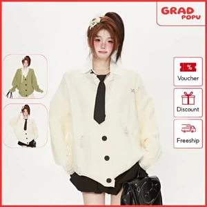 Áo khoác GRADPOPU dệt kim kiểu dáng preppy chất liệu vải xoắn kiểu dáng rộng rãi thoải mái AK359