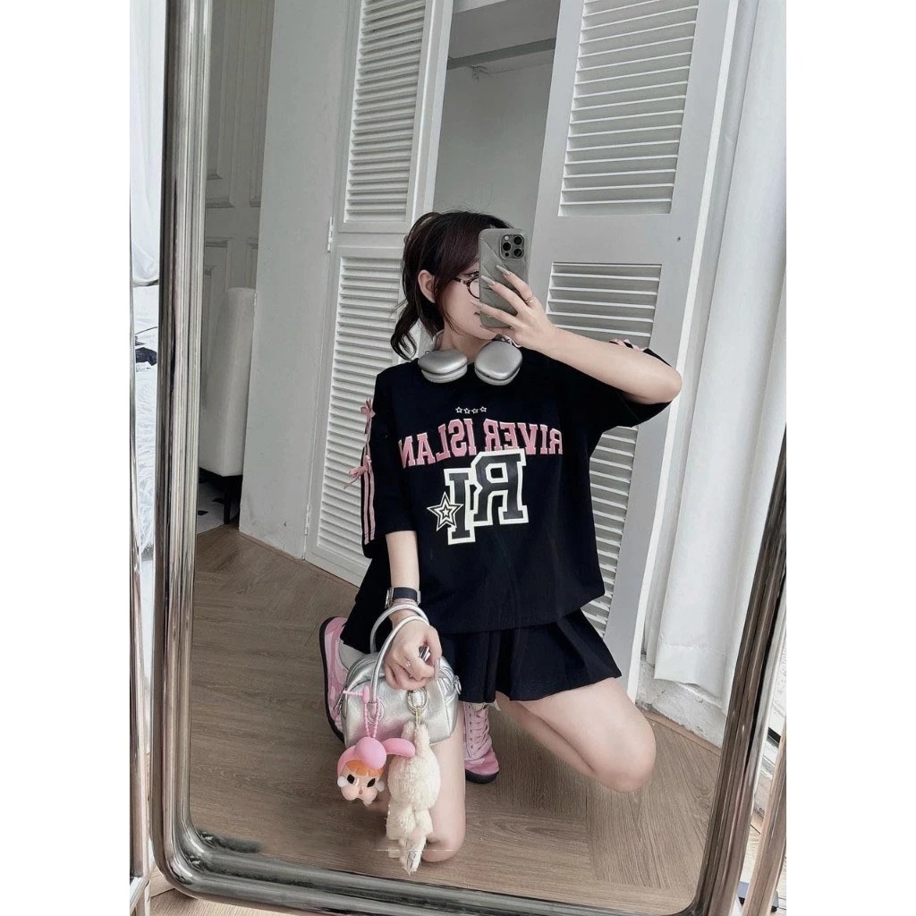 Sét Váy Nữ Basic Dễ Thương In Chữ RI Cổ Tròn Mix Chân Váy Xếp Ly ( Có Quần Bảo Hộ ) Mặc Đi Tiệc ,Đi chơi Xinh Xắn