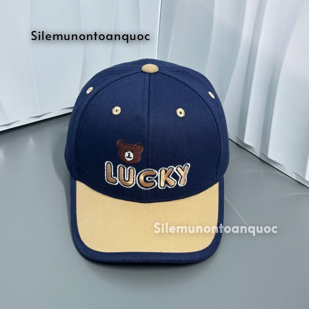 Mũ kết lucky cho bé 3-9 tuổi - Nón lưỡi trai phối màu thêu gấu lucky nhỏ siêu đẹp thời trang cho bé