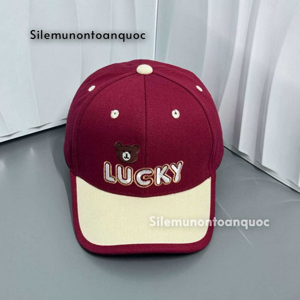 Mũ kết lucky cho bé 3-9 tuổi - Nón lưỡi trai phối màu thêu gấu lucky nhỏ siêu đẹp thời trang cho bé