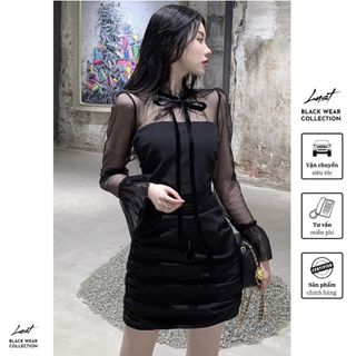 Đầm body tay voan cổ thắt nơ cao cấp LUST Váy lưới phối ren dài tay voan trơn ôm body tôn dáng T01