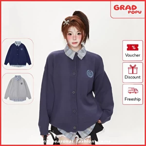 Áo khoác len nữ GRADPOPU dệt kim hai mảnh giả sơ mi kẻ caro kiểu preppy dáng rộng thoải AK363