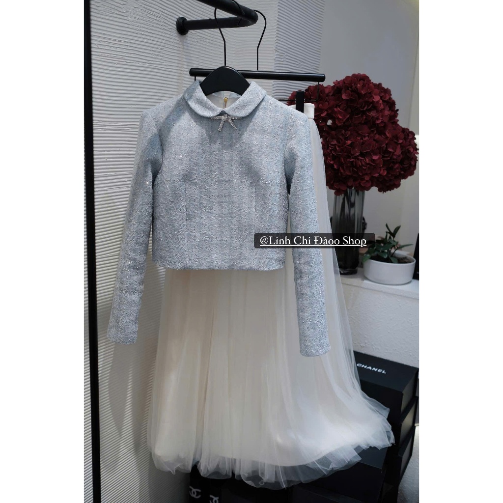 NH CLOTHER -Đầm nữ áo tweed xám váy voan trắng