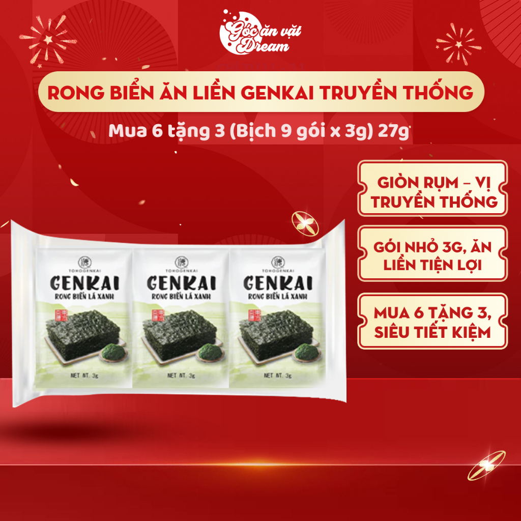 Date 23/9 Rong Biển Genkai 27g Ăn Liền, Snack Rong Biển Giòn Rụm Thơm Ngon, Mua 6 Tặng 3 Bịch
