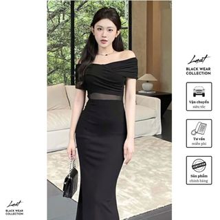Đầm body trễ vai đuôi cá phối voan eo LUST Váy nữ dự tiệc xoắn ngực phong cách sang chảnh V473