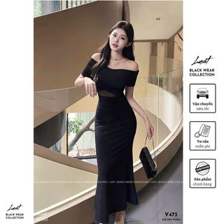 Đầm body trễ vai đuôi cá phối voan eo LUST Váy nữ dự tiệc xoắn ngực phong cách sang chảnh V473
