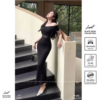 Đầm body trễ vai đuôi cá phối voan eo LUST Váy nữ dự tiệc xoắn ngực phong cách sang chảnh V473