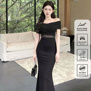 Đầm body trễ vai đuôi cá phối voan eo LUST Váy nữ dự tiệc xoắn ngực phong cách sang chảnh V473