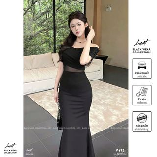 Đầm body trễ vai đuôi cá phối voan eo LUST Váy nữ dự tiệc xoắn ngực phong cách sang chảnh V473