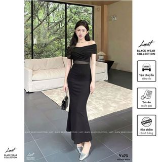 Đầm body trễ vai đuôi cá phối voan eo LUST Váy nữ dự tiệc xoắn ngực phong cách sang chảnh V473