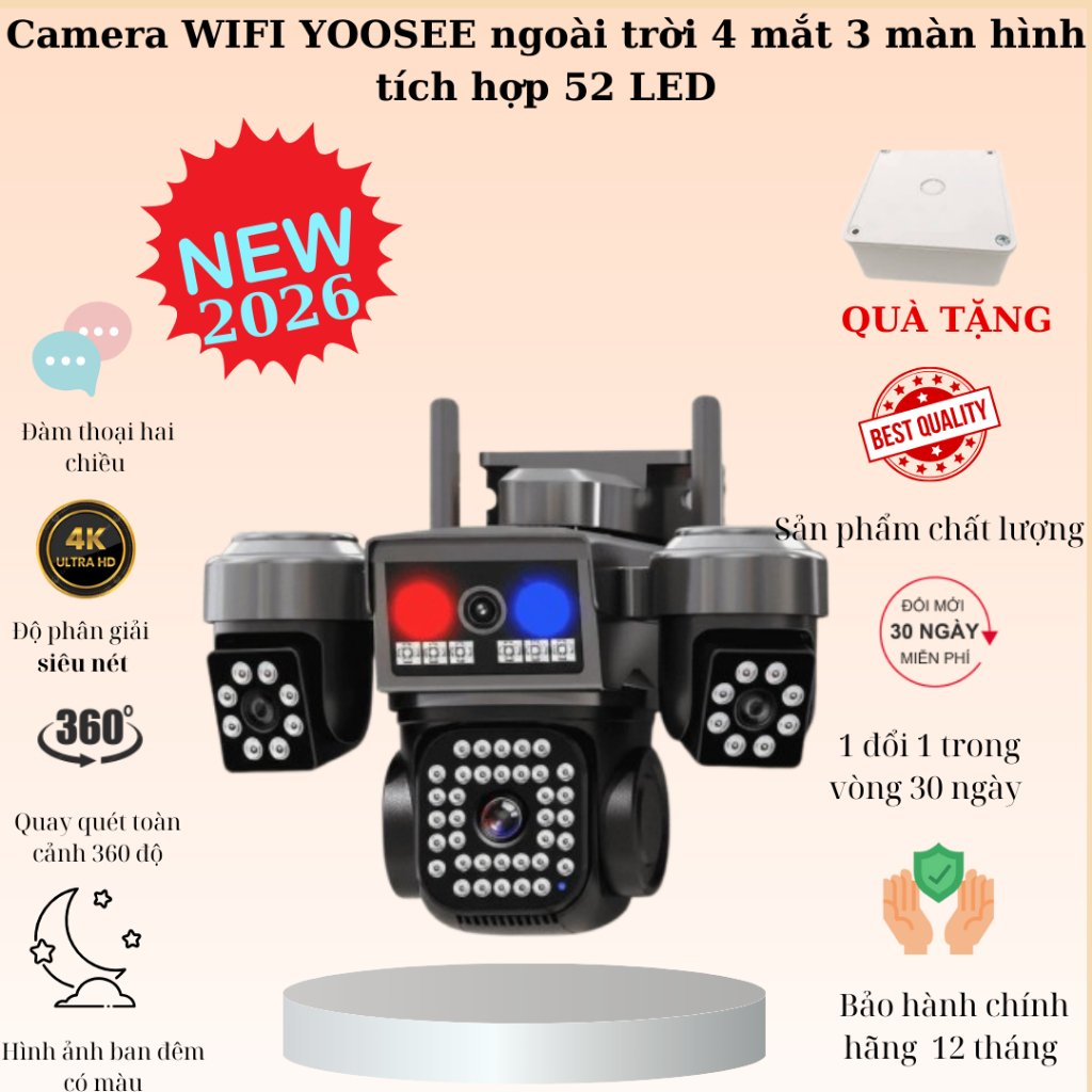 Camera WIFI 2026 Yoosee 4 mắt 3 khung hình tích hơp 52 LED và đèn cảnh báo an ninh siêu nét độ nét