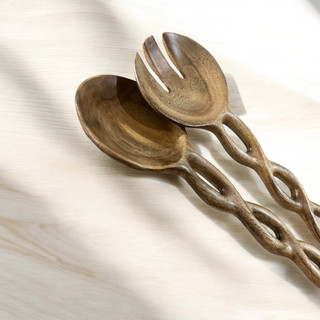 Bộ 2 Muôi Gỗ Keo Cán Xoắn Mầu Tự Nhiên – Trộn Salad, Hoa Quả | 31 x 8 cm