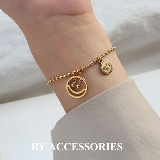 Lắc tay nam nữ unisex titan bi tròn phối charm hình mặt cười và mặt tròn goodluck không gỉ UB22 BY ACCESSORIES