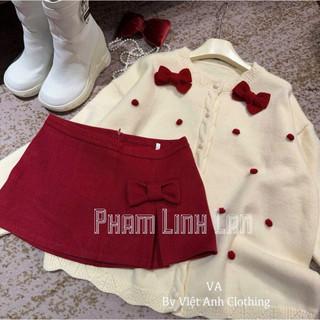 Set Váy Len Đính Nơ Đỏ Xinh Xắn