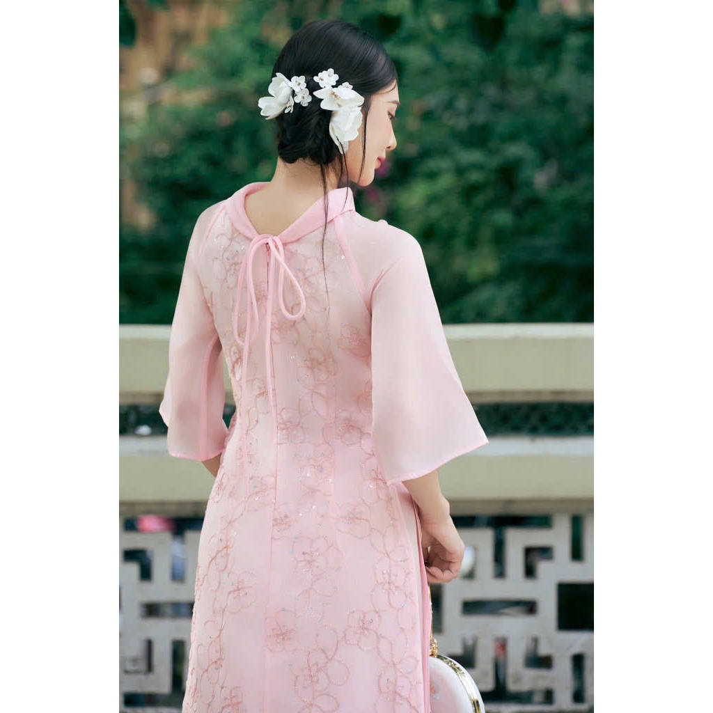 Thời Trang Nữ LASY| Áo Dài Cổ Tròn Gập Đính Nơ Tay Lửng Thêu Hoa Kim Sa Kèm Quần, Kiêu Sa, Tôn Dáng AD1555