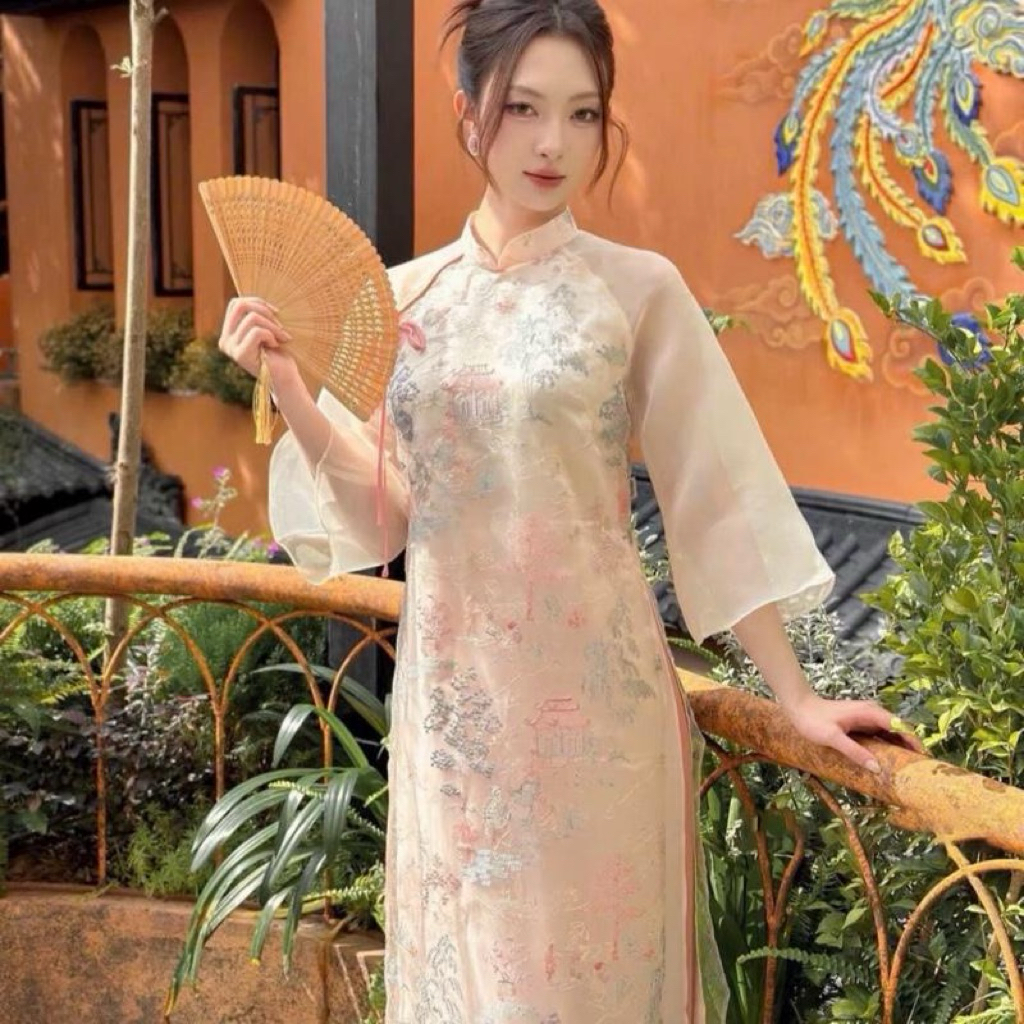 [ONGAD] áo dài Thuỷ Mặc 4 tà tơ thêu đính nơ cổ, tay lỡ loe