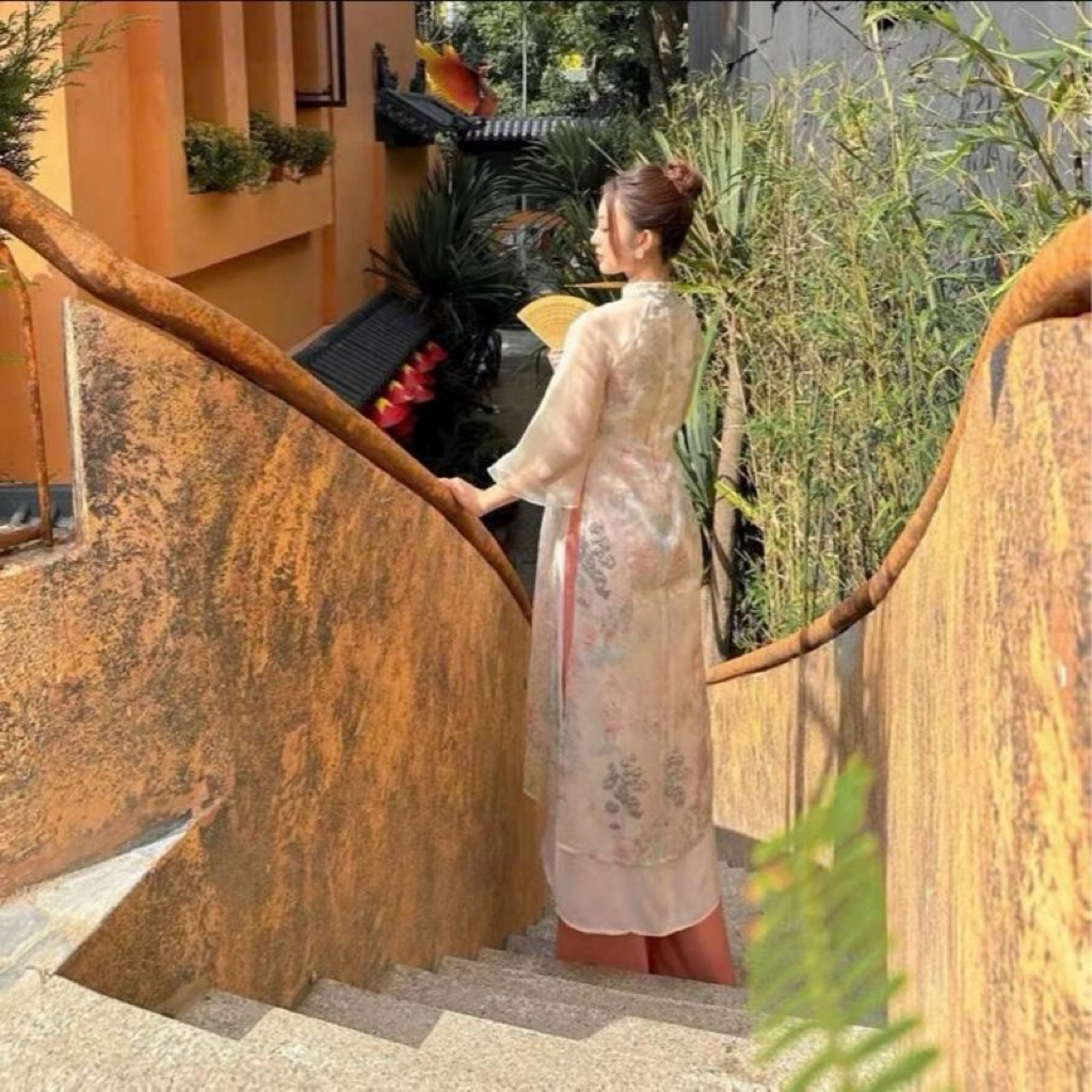 [ONGAD] áo dài Thuỷ Mặc 4 tà tơ thêu đính nơ cổ, tay lỡ loe