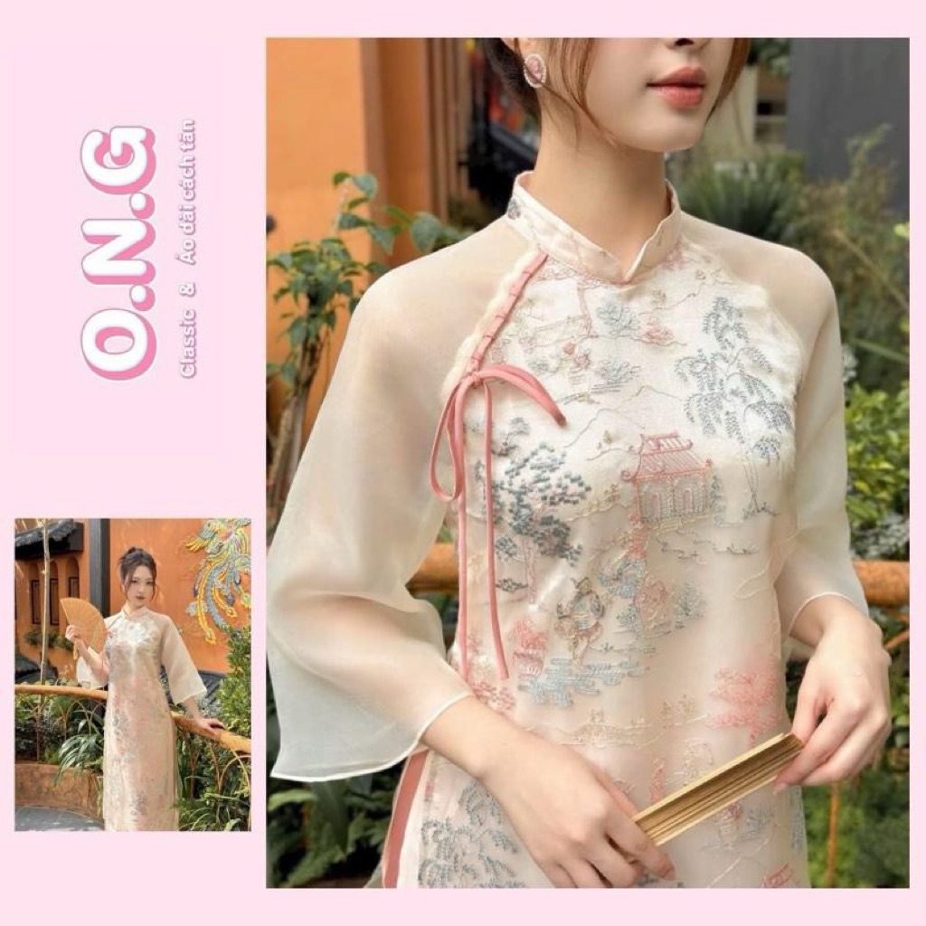 [ONGAD] áo dài Thuỷ Mặc 4 tà tơ thêu đính nơ cổ, tay lỡ loe