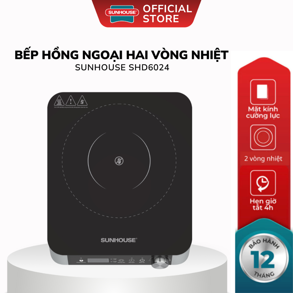 Bếp Hồng Ngoại Hai Vòng Nhiệt Sunhouse SHD6024 - Bảo Hành 12 Tháng, Mặt Kính Chống Trầy, Dễ Vệ Sinh