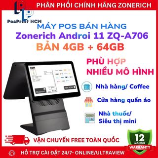 [ANDROI- 4GB+64GB] Máy POS bán hàng Zonerich A706 ANDROI 11 4GB+64GB, cảm ứng mượt, BH chính hãng 12 tháng