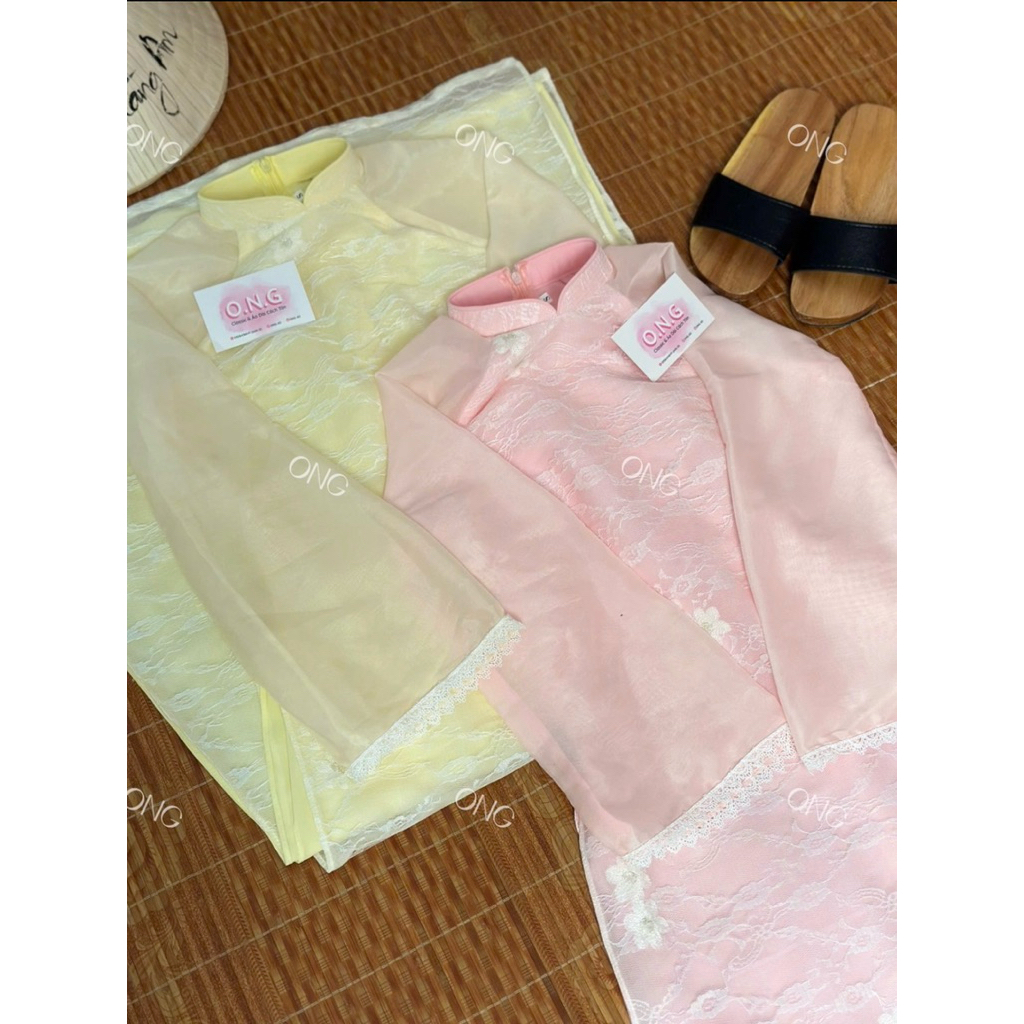 [ONG AD] Áo dài Lâm Yên 4 tà dáng suông, tay lỡ loe viền ren, cổ truyền thống(XS-5XL)