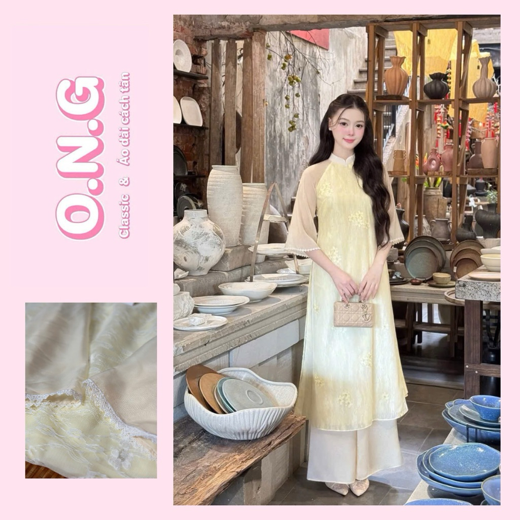 [ONG AD] Áo dài Lâm Yên 4 tà dáng suông, tay lỡ loe viền ren, cổ truyền thống(XS-5XL)