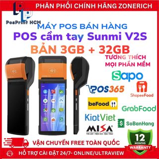 Máy POS bán hàng cầm tay SUNMI V2s bản 3GB+32GB, phù hợp Grab & Shopeefood, cửa hàng nhỏ lẻ, bán mang đi