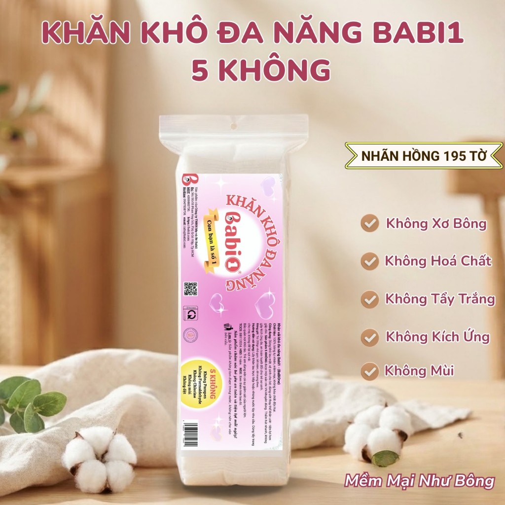 Khăn Khô Đa Năng Babi1 Nhãn Hồng - Vải Không Dệt Không Xơ Bông (Gói 195 Tờ)