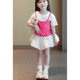 [B&G] Sét váy áo cotton trắng phối yếm hồng đỏ kèm chân váy trắng cho bé gái từ 10-45kg