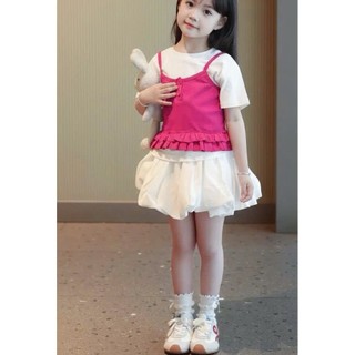 [B&G] Sét váy áo cotton trắng phối yếm hồng đỏ kèm chân váy trắng cho bé gái từ 10-45kg