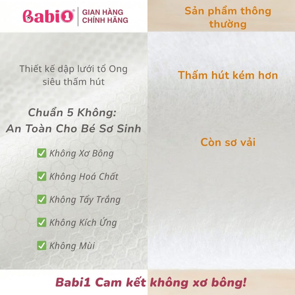 Khăn Khô Đa Năng Babi1 Nhãn Hồng - Vải Không Dệt Không Xơ Bông (Gói 195 Tờ)