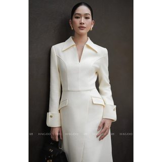 Váy nữ cổ V đức vạt chéo màu trắng kem HAGOO phong cách sang trọng thanh lịch [V9062]